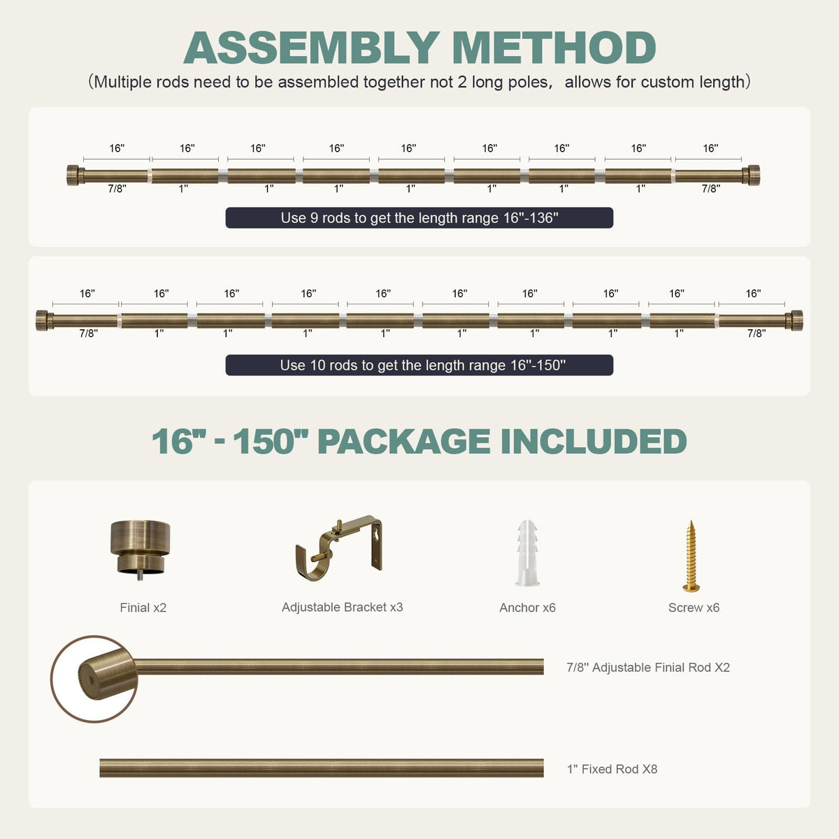Antique Bronze Curtain Rods for Windows 72 to 144 with Adjustable Brackets Heavy Duty 1" Diameter Window Treatment Rod with Solid Metal Finials for Outdoor Bedroom Kitchen Living Room (Antique Bronze / 16"-144"|1 Pack)