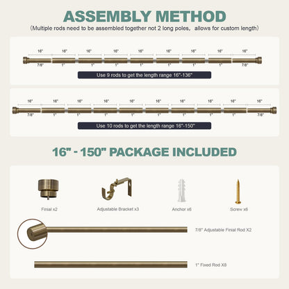 Antique Bronze Curtain Rods for Windows 72 to 144 with Adjustable Brackets Heavy Duty 1" Diameter Window Treatment Rod with Solid Metal Finials for Outdoor Bedroom Kitchen Living Room (Antique Bronze / 16"-144"|1 Pack)