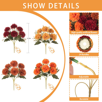 Artificial Mums Flowers for Outdoors Outside Decorations (6 Orange,6 Burnt Orange,6 Red,6 Yellow / 24PCS)