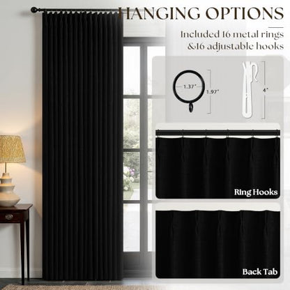 Modern Black Pleated Linen Blackout Curtains 90 Inches Long for Living Room (Black / 50"W x 90"L (Pack of 2))