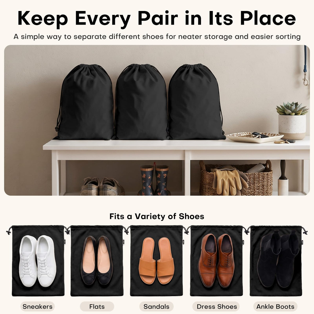 4 Pack Large Shoe Bags for Travel (Black)