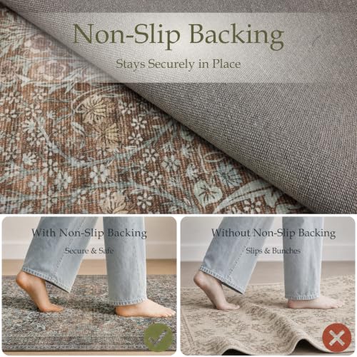 Runner Rug 2x8 Washable Vintage Floral Rug (Vintage Brown / 2' x 8' (Rectangular))