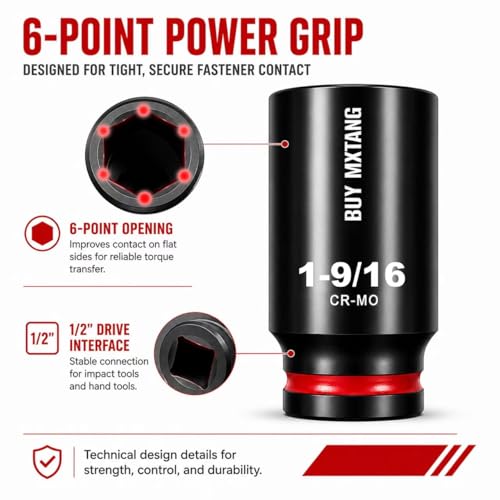 1/2"12-Piece Extended Drive Impact Socket Set, Deep SAE Axle Nut Impact Socket Set, Cr-Mo, 1-1/16, 1-1/8, 1-3/16, 1-1/4, 1-5/16, 1-3/8, 1-7/16, 1-1/2, 1-9/16, 1-5/8, 1-11/16, 1-3/4 Socket (1/2 12pcs Sae Socket Set)