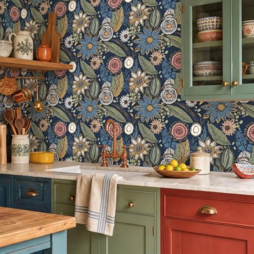 Vintage Dark Blue Boho Floral Peel and Stick Wallpaper 17.4"x393.5" (Blue with Pink / 17.4" x 393.5")