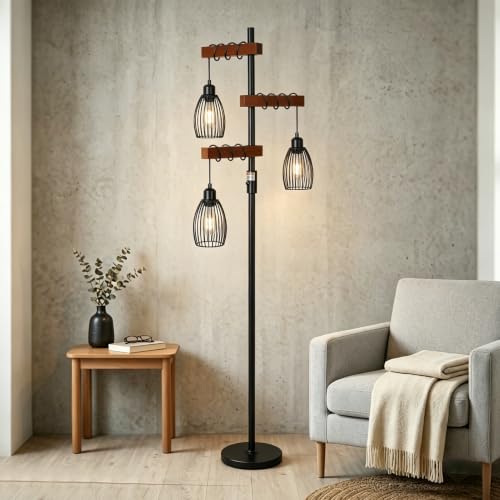 3 Lights Wood Floor Lamp for Bedroom