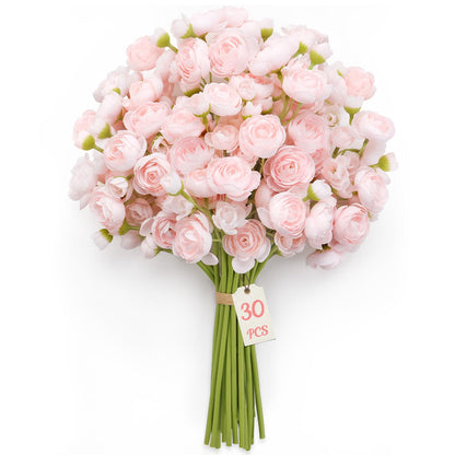 30Pcs Ranunculus Artificial Flowers Faux Silk Mini Flowers Indoor (Shabby Blush)
