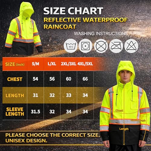 High Visibility Reflective Rain Jacket for Men (XX-Large-3X-Large / Yellow-black)