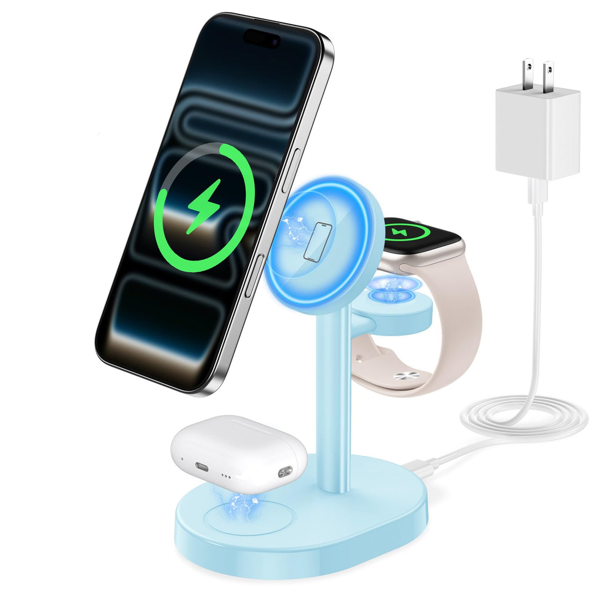 Mag Safe Charger 3 in 1 Charging Station for iPhone Apple Watch AirPods (15W / Iceblue)