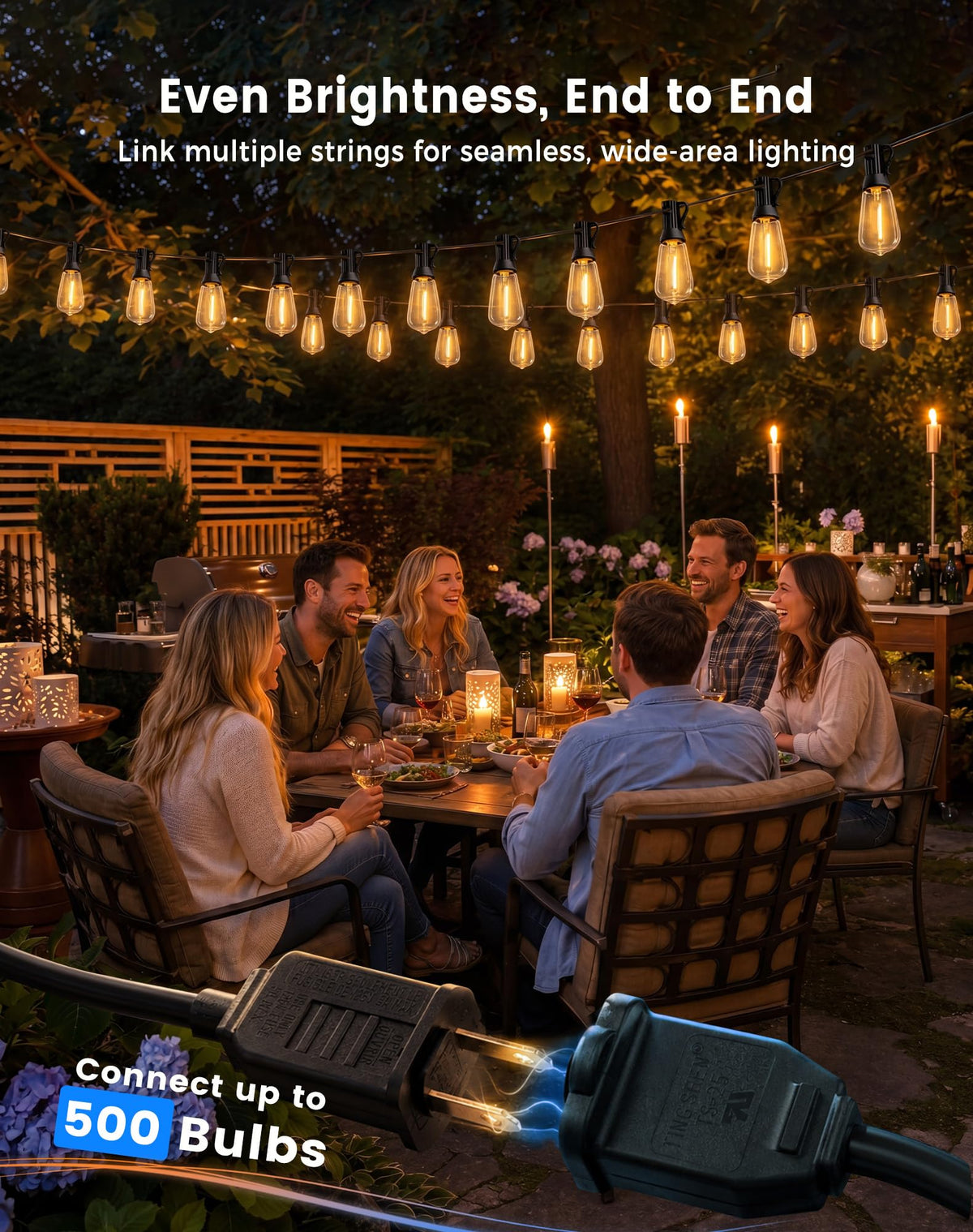 30FT(24+6) String Lights Outdoor, 2FT Bulb Spacing, Waterproof Shatterproof Warm White ST38 LED Edison Bulbs, Extension Cord, Plug in Connectable Hanging Patio Lights for Outside, Backyard (24+6FT(12 Sockets))