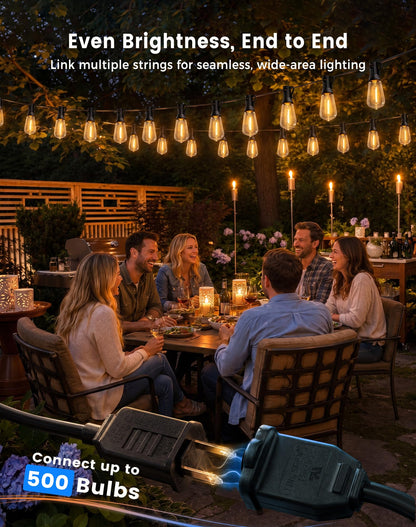 30FT(24+6) String Lights Outdoor, 2FT Bulb Spacing, Waterproof Shatterproof Warm White ST38 LED Edison Bulbs, Extension Cord, Plug in Connectable Hanging Patio Lights for Outside, Backyard (24+6FT(12 Sockets))