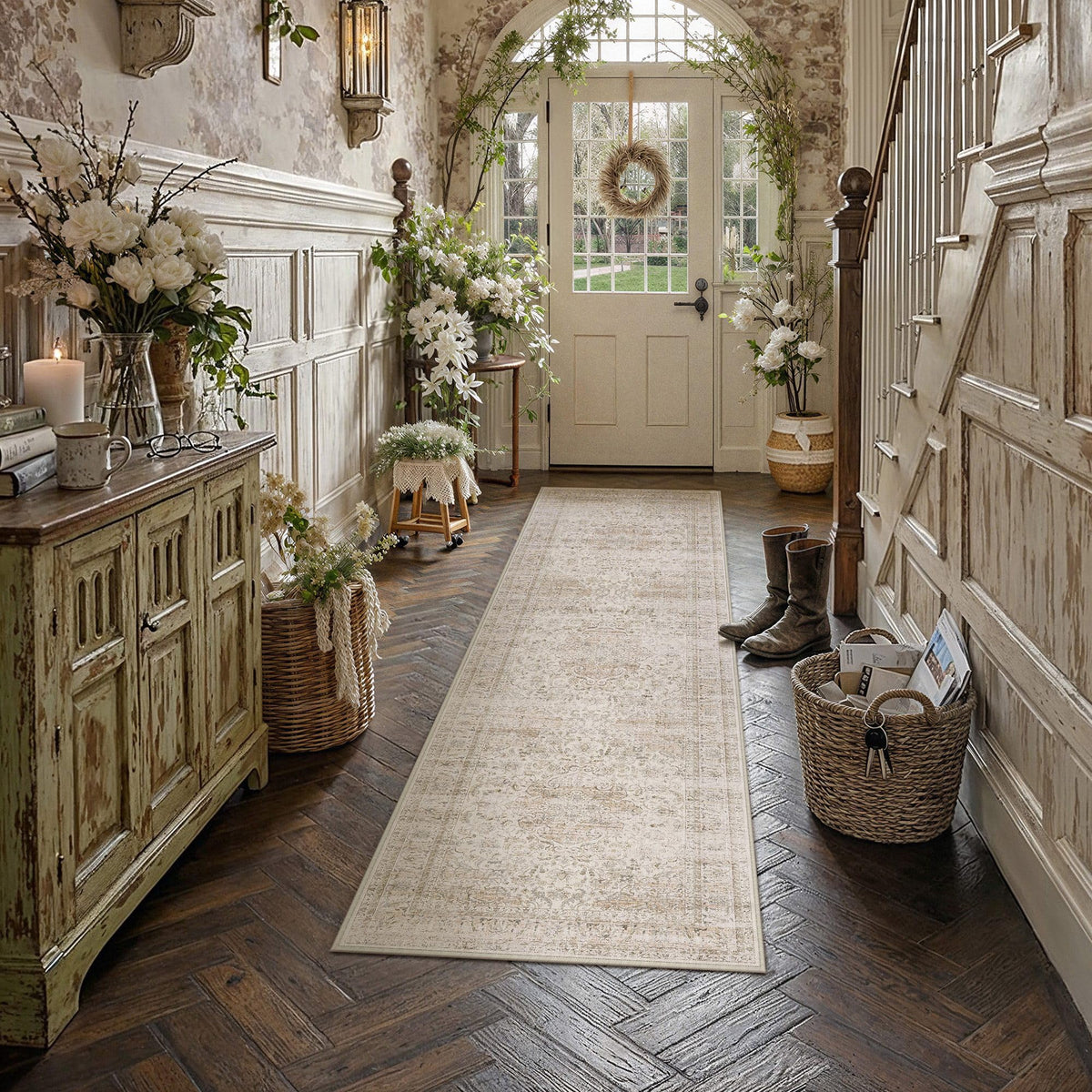 2.6'x8' Washable Runner Rug Beige Vintage Rug for Hallway (Light Beige / 2'7" x 8' (Runner))