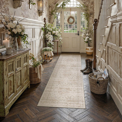 2.6'x8' Washable Runner Rug Beige Vintage Rug for Hallway (Light Beige / 2'7" x 8' (Runner))