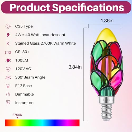 4 Pack Stain Glass Dimmable Light Bulbs (E12-4w-2700k-colored Glass-dimmable)