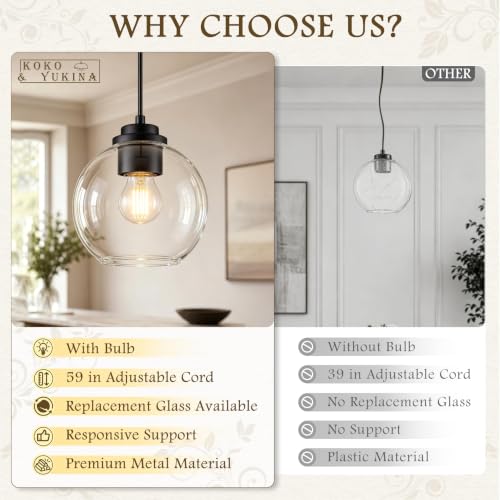 6" Globe Pendant Light 2 Pack Pendant Lights Kitchen Island Black Clear Glass Pendant Lights Height Adjustable Mid Century Modern Light Fixture for Dining Room Bedroom Foyer Bulbs Incl (Black & Clear Glass / 6 Inch)
