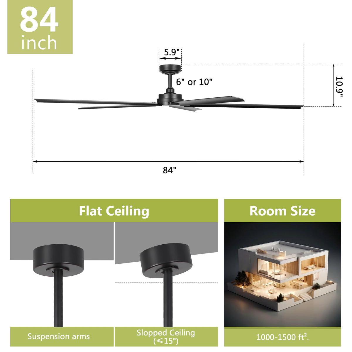 84" Outdoor Ceiling Fan With Remote (Black / 84-inch)