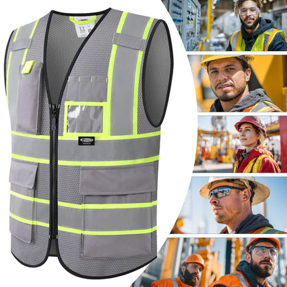 Safety Vest for Men Women Hi Vis Vest with Pockets and Zipper High Visibility Reflective Safety Vests Meet ANSI Standard Grey Color Extended Yellow Strips (Grey / XX-Large)
