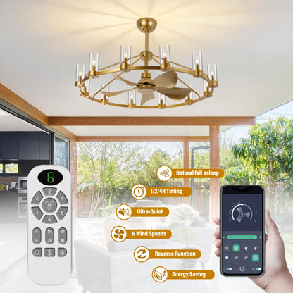 44" Wagon Wheel Chandelier Ceiling Fan with 12 Lights (Gold)
