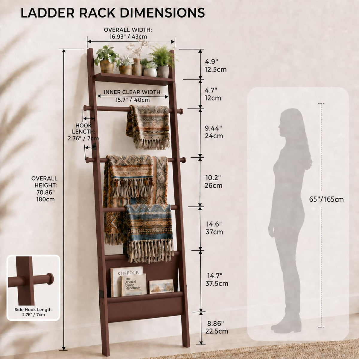 71" 4-in-1 Blanket Ladder for Living Room, 5-Tier Leaning Bamboo Decorative Towel & Quilt Rack with Magazine Leather Pocket, 4 Detachable Hanging Bars, Space-Saving Shelf for Bedroom (Brown) (Brown)