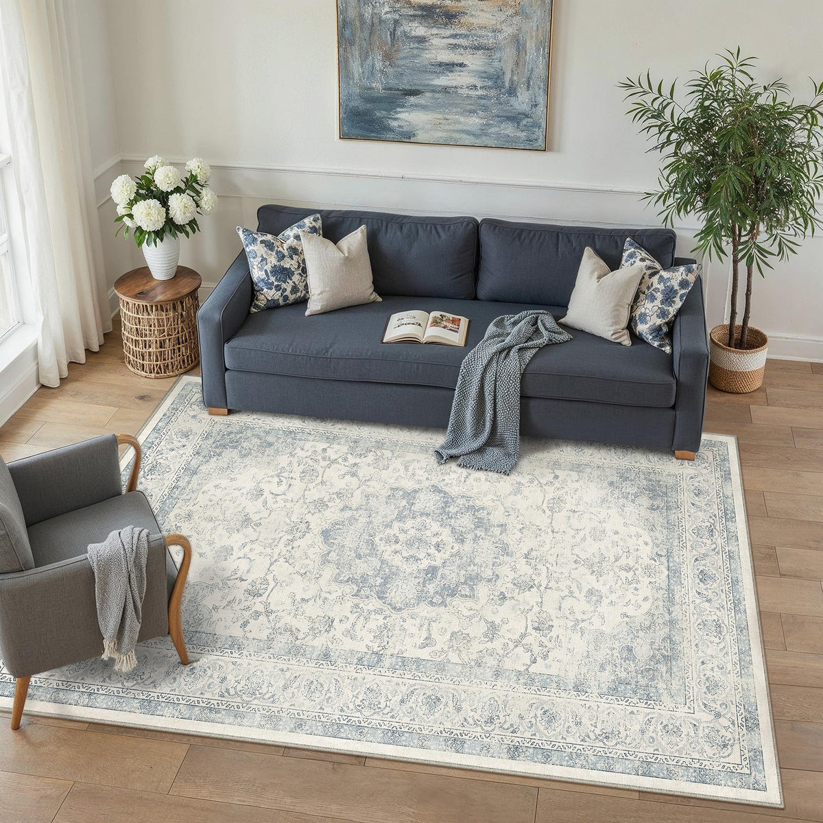 4x6 Blue Washable Area Rug Non Slip Vintage Carpet (Vintage | Blue / 4' x 6' (Rectangular))