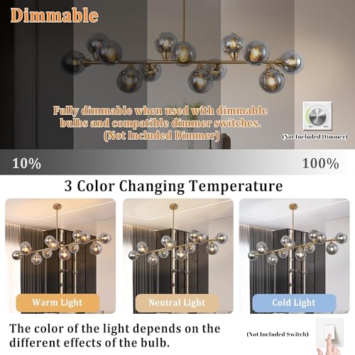 Gold Linear Chandelier 59 Inch Extra Large Sputnik Pendant Light (13 Lights Smoke Gray and Gold)