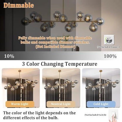 Gold Linear Chandelier 59 Inch Extra Large Sputnik Pendant Light (13 Lights Smoke Gray and Gold)