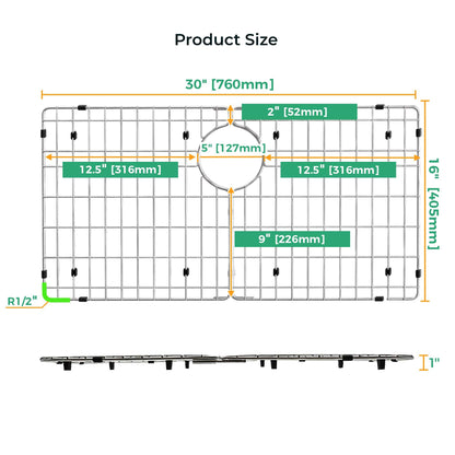 30" x 16" Stainless Steel Sink Grid Bottom Protector Rack (30" x 16" Rear Drain)