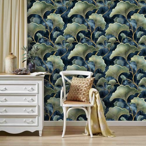Dark Blue Ginkgo Leaf Peel and Stick Wallpaper