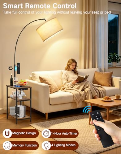 76'' Tall Arc Floor Lamp with Table & Remote (Rustic Brown With Beige Shade)