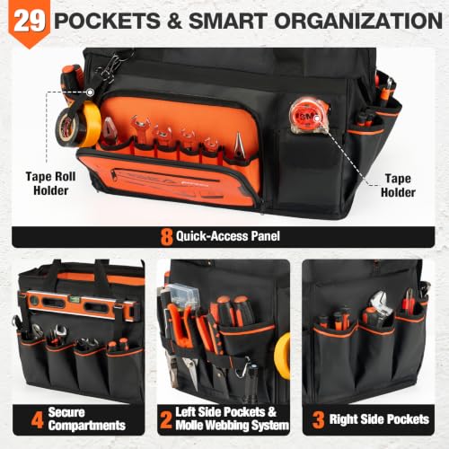 Tool Bag, 18-Inch Tool Tote, 29 Pockets Waterproof Tool Organizer Bag
