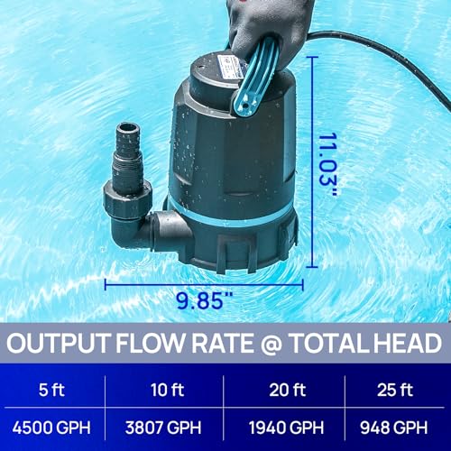 Sump Pump Submersible Water Pump Thermoplastic Portable Utility Pump High Flow Water Removal for Swimming Pool Garden Pond Basement Window Wells with 10ft Long Power Cord