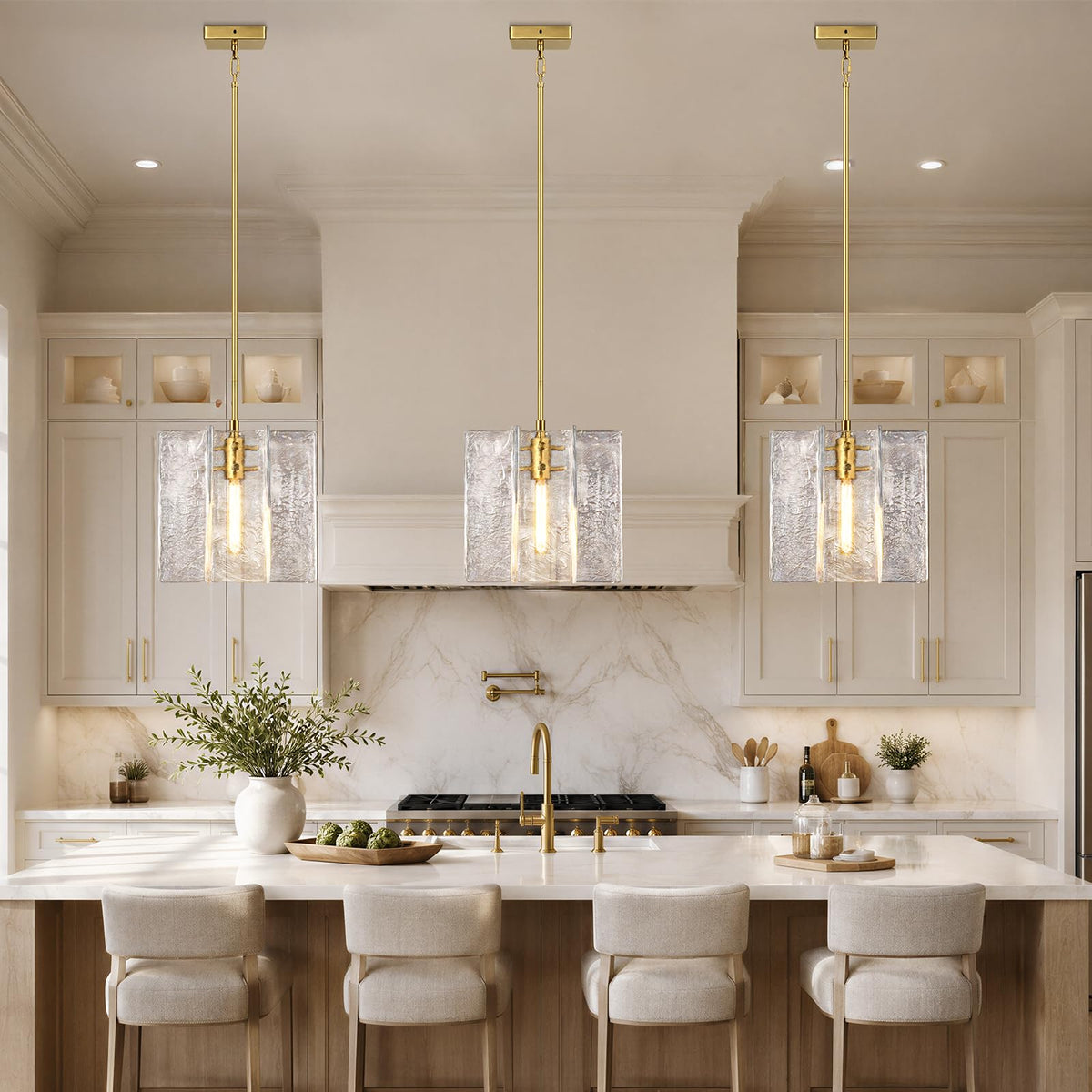 Modern Large Brass Water Ripple Glass Kitchen Pendant Light Fixtures (Brass-12-IN)