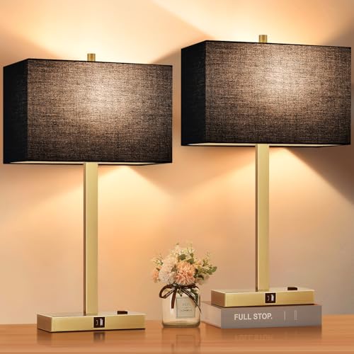 21" Set of 2 Touch Control Table Lamps with 2 USB & AC Outlets