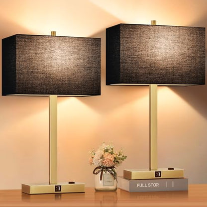 21" Set of 2 Touch Control Table Lamps with 2 USB & AC Outlets