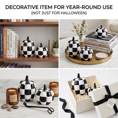 Black and White Checkered Pumpkins for Halloween Decoration Indoor (Black and White-2pcs / Resin)