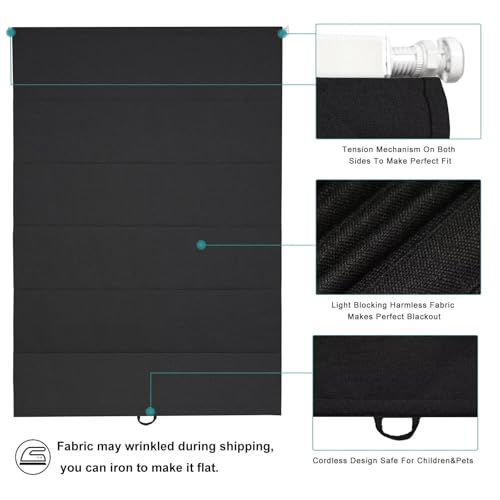 No Drill Roman Shades Cordless Blinds Blackout for Indoor Windows (Black / 39"W x 64"H)