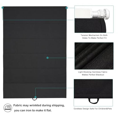 No Drill Roman Shades Cordless Blinds Blackout for Indoor Windows (Black / 39"W x 64"H)