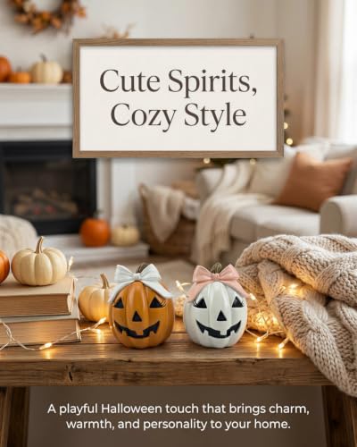 Set of 2 Bow Pumpkin Figurines for Halloween Decor (Bowknot Pumpkin)