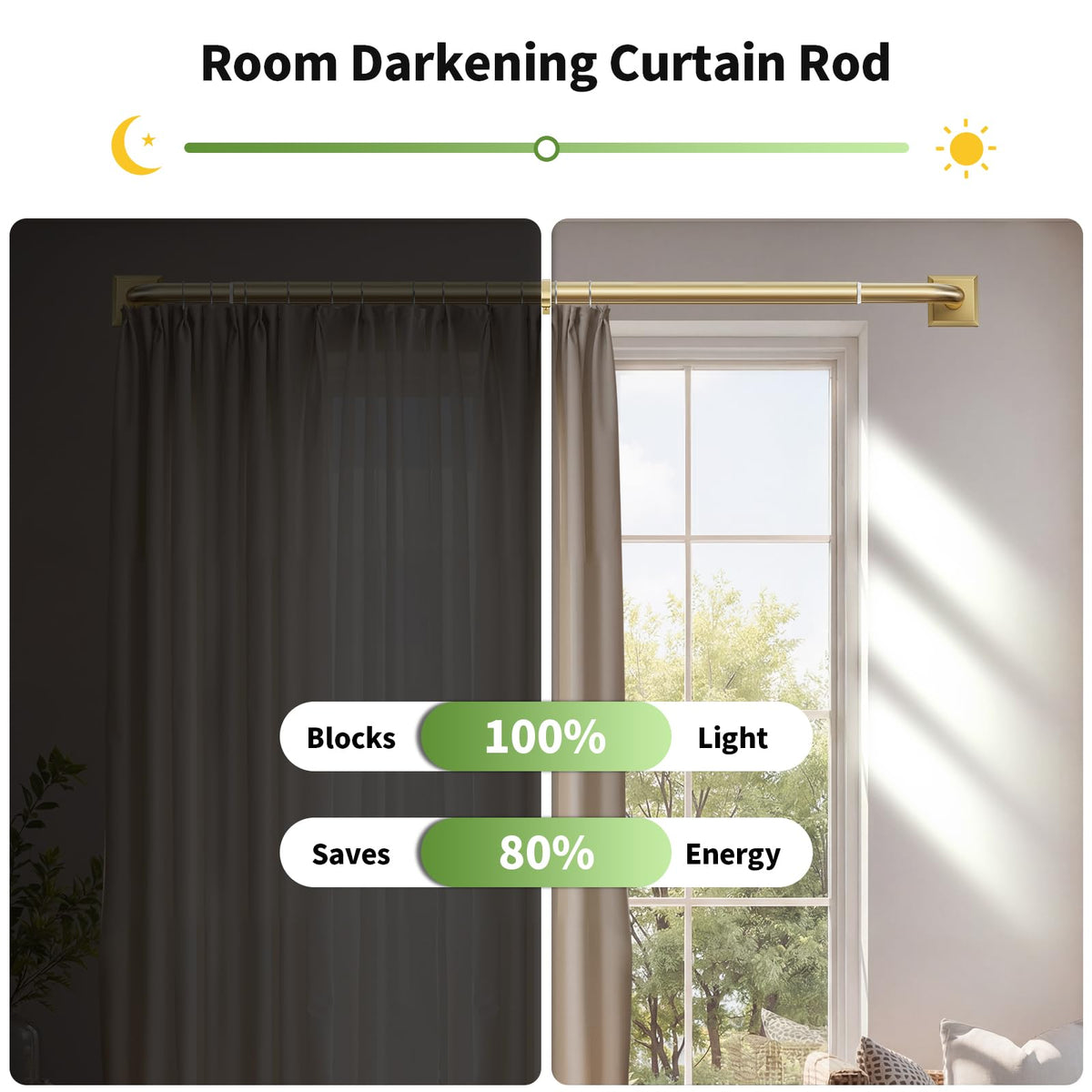 Brushed Gold Curtain Rods for Windows 66 (Brushed Gold / 66"-152")