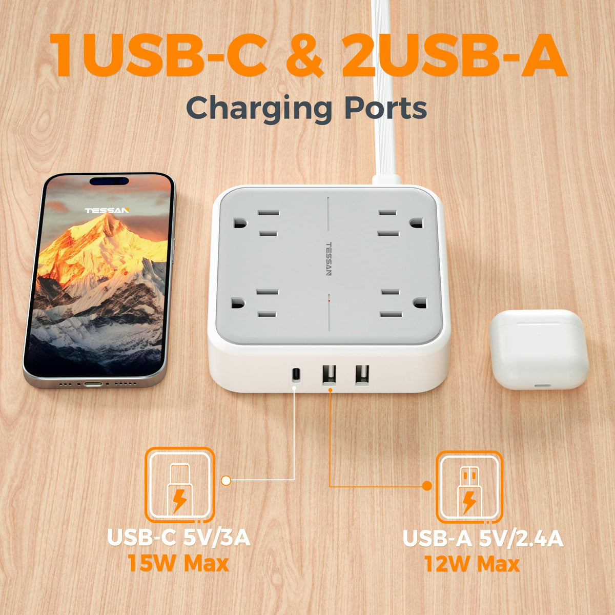 Extension Cord 5 Ft (5FT(1875W) / Grey & Surge Protector)