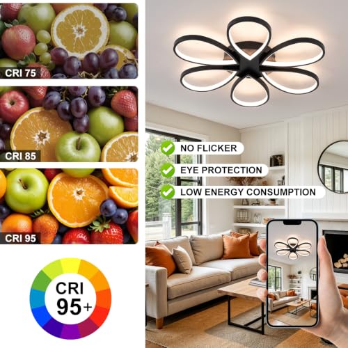 Modern Led Ceiling Light 25inch Dimmable Flush Mount Ceiling Light with Remote Control 6 Rings Close to Ceiling Lamp Fixtures for Kitchen Dining Room Bedroom Living Room