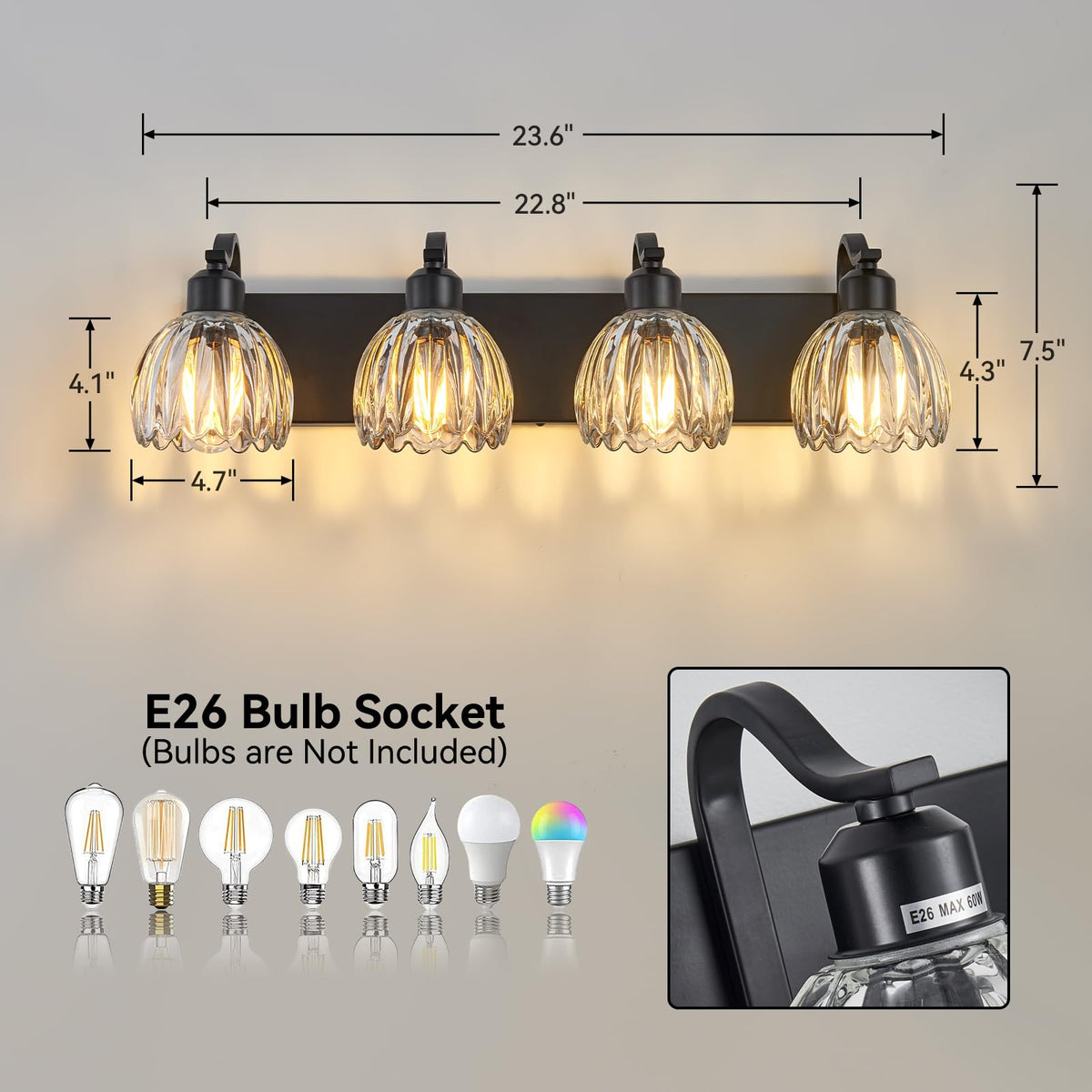 Black Vanity Lights for Bathroom with Clear Tulip Glass Shade (Black - Tulip Clear / 4-light)
