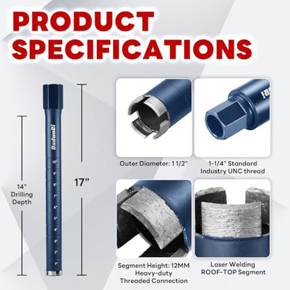 1-1/2" Core Drill Bit with Etched Depth Scale - Industrial for Reinforced Concrete, Brick Block, Masonry,1-1/4"-7 UNC,14" Drilling Depth, Precision-Welded & Aggressive Sharp 12mm Segments, Wet (1-1/2 Inch)
