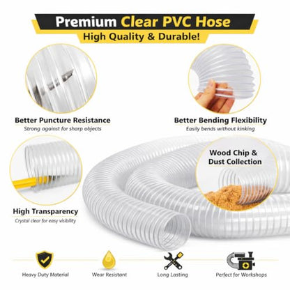 2-1/2" x 10' Heavy Duty Dust Collection Hose, Thickened Clear PVC Flexible Hose with Steel Wire Reinforced, Puncture Resistant for Woodworking Dust Collector System