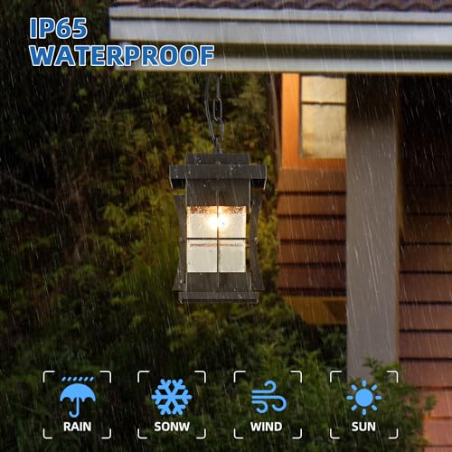 Outdoor Pendant Light Black Mission Style Hanging Lantern with Seeded Glass Waterproof Outdoor Ceiling Mount Light