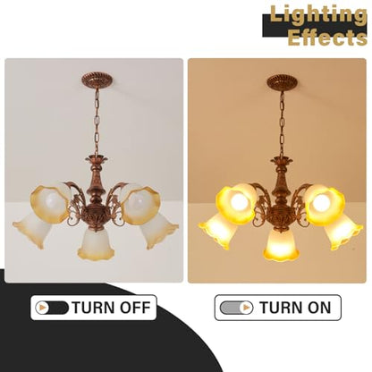 Vintage Antique Chandelier Bronze Finish with Frosted Gradient Amber Floral Glass Shades