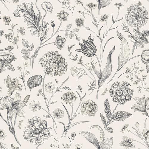 Beige and Black Floral Peel and Stick Wallpaper Floral 17in x 118in (Black / 17.3" x 118.1")