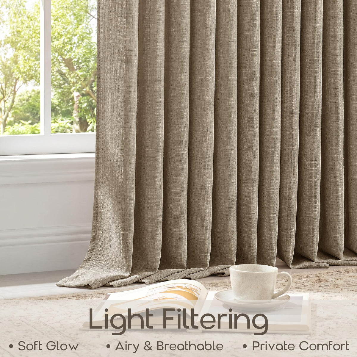 Pinch Pleated Semi Sheer Thick Linen Dark Flax Tan Curtains 90 Inches Long (Dark Flax / 40"W x 90"L (Pack of 2))