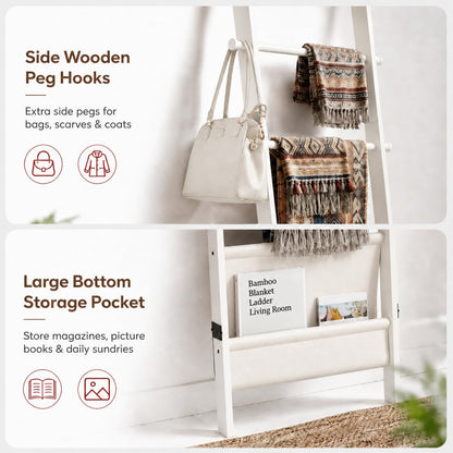 71" 4-in-1 Blanket Ladder for Living Room, 5-Tier Leaning Bamboo Decorative Towel & Quilt Rack with Magazine Leather Pocket, 4 Detachable Hanging Bars, Space-Saving Shelf for Bedroom (White) (White)