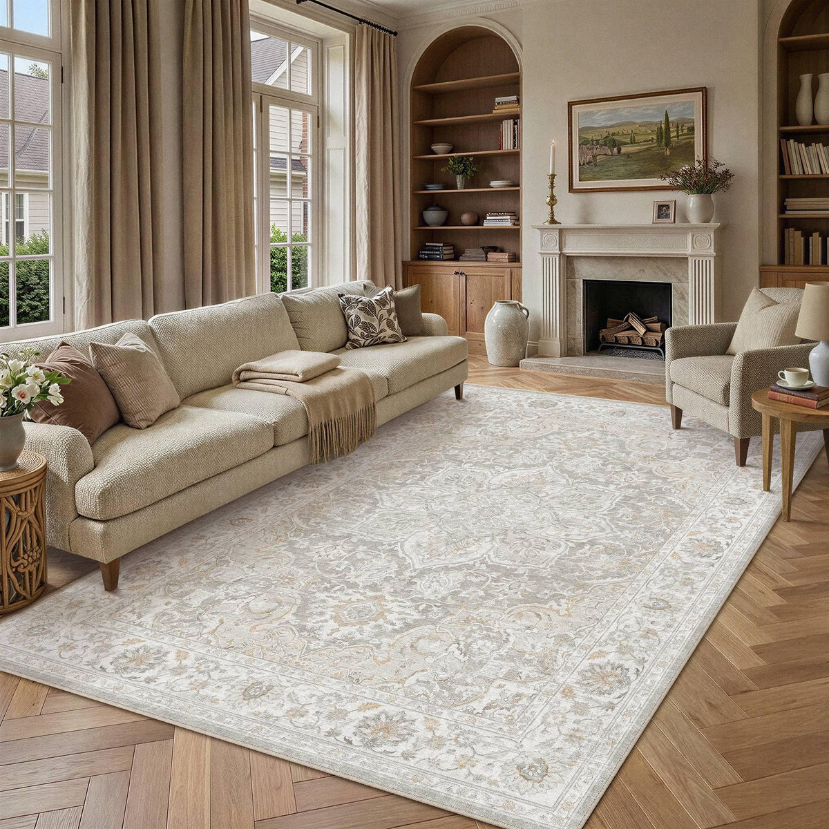 Grey Beige 8x10 Washable Area Rugs Vintage Indoor Carpet (E| Grey Beige / 8' x 10' (Rectangular))