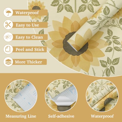 Vintage Sunflower Peel and Stick Wallpaper Boho Floral Removable Wallpaper Yellow Green Flower Contact Paper Waterproof Self‑Adhesive Wall Papaer for Bedroom Living Room Decor 17.3" x 196.8" (Yellow / 17.3" x 196.8")